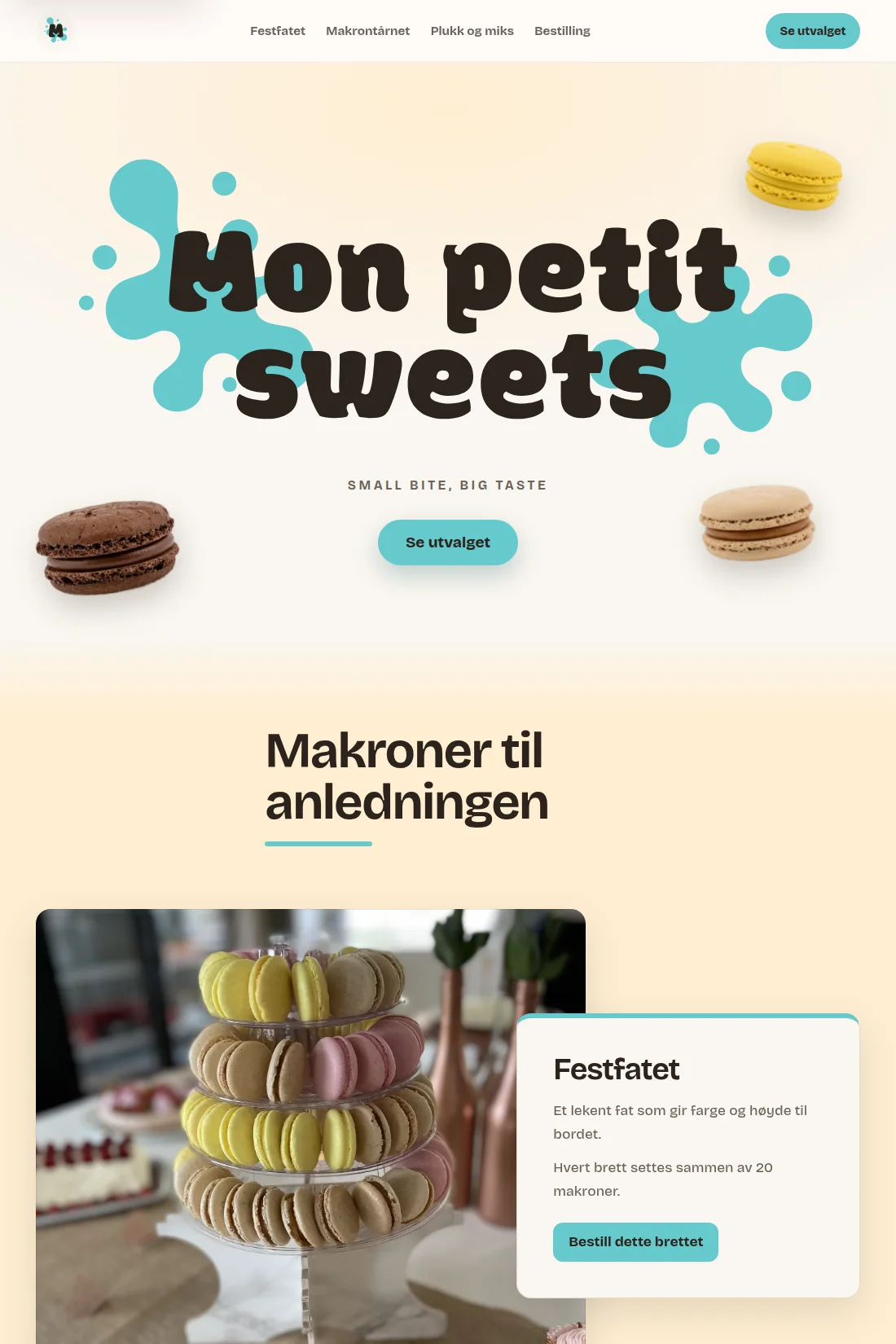 Mon Petit Sweets-nettside med makroner, meny og bestillingsinnhold