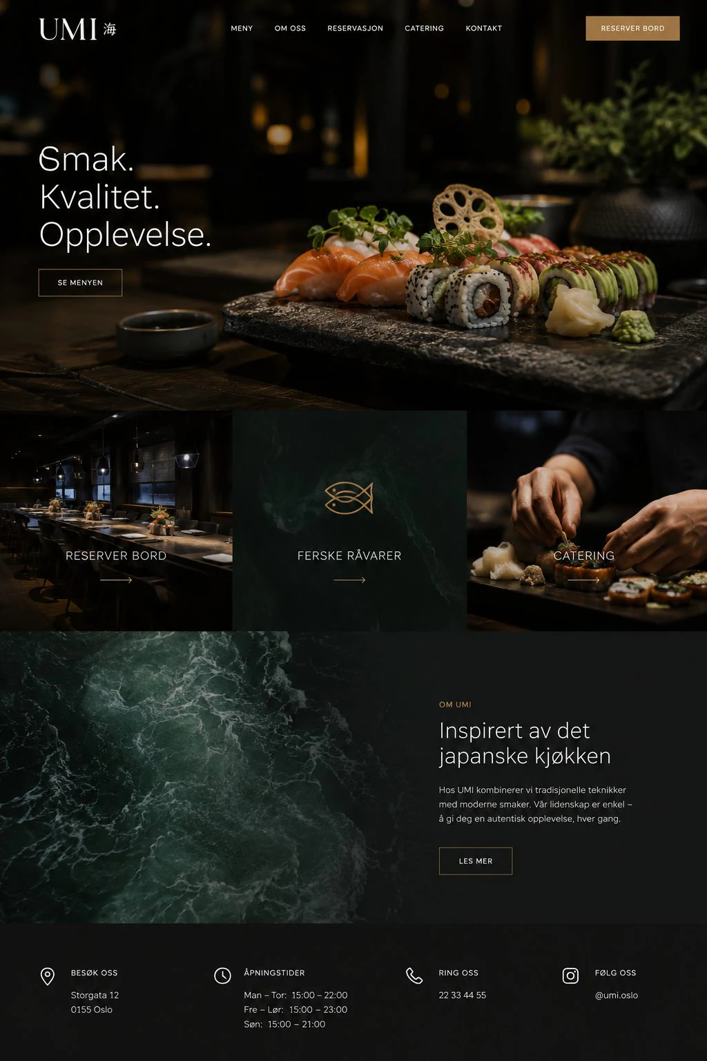 Designkonsept for en mørk restaurantnettside med sushi, meny og bordbestilling
